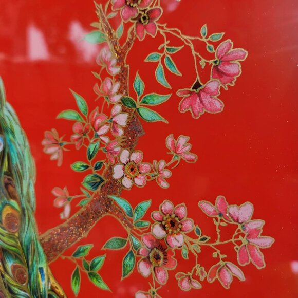 Vintage Peacock Reversed Painted Tray~ Beautiful~ West Germany (US Zone 1950's) - Picture 2 of 8